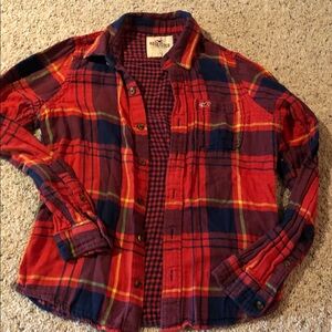 Hollister Red orange and Navy Plaid Flannel Shirt